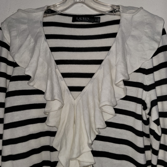 Lauren Ralph Lauren Ivory Polo Black Striped Ruffle Trim Cardigan Size Large - Picture 5 of 16